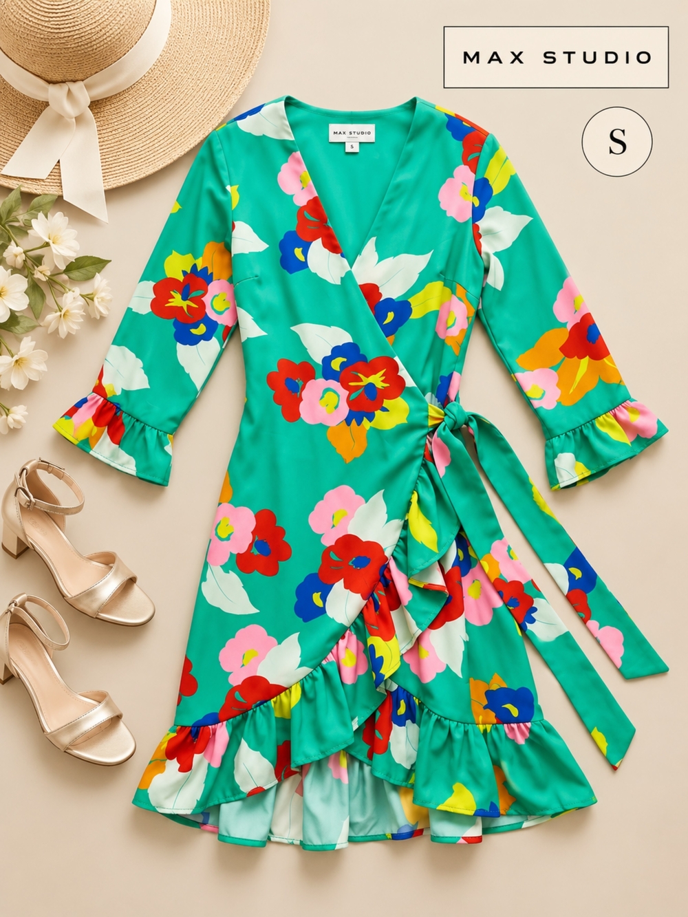 EUC Julie Brown Vibrant Green Floral 3/4 Sleeve Wrap Dress w/Ruffled Hemline, S